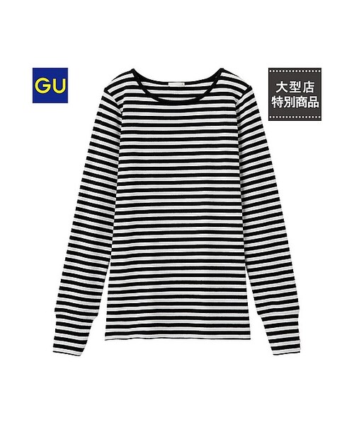 GU（ジーユー）の「（GU）リブクルーネックＴ（ボーダー・長袖）（WOMEN ⁄ カットソー・レディース・BEIGE/BLACK・M/S/L）」の2枚目の写真