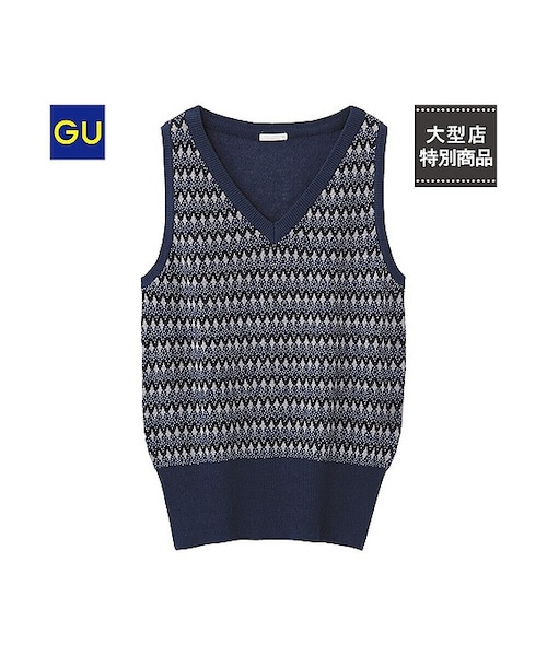 GU（ジーユー）の「（GU）ダイヤ柄ニットベスト（WOMEN ⁄ ニット・レディース・KHAKI/BLUE/OFF WHITE・M/XL/S/L）」の3枚目の写真