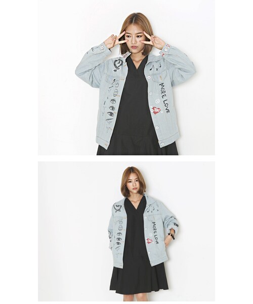 Aco Design（アコデザイン）の「デニムジャケット Gシャン ペイント 大きいサイズ（デニムジャケット・レディース・ライトブルー・肩幅：45　バスト：108　裾幅：50　総丈：71　袖幅：13　袖丈：63）」の2枚目の写真