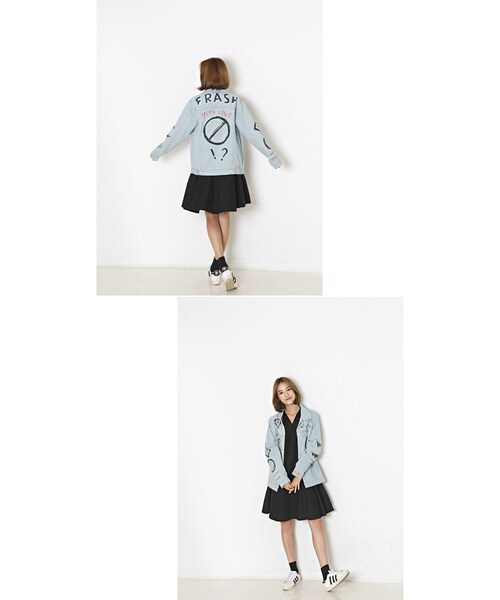 Aco Design（アコデザイン）の「デニムジャケット Gシャン ペイント 大きいサイズ（デニムジャケット・レディース・ライトブルー・肩幅：45　バスト：108　裾幅：50　総丈：71　袖幅：13　袖丈：63）」の3枚目の写真