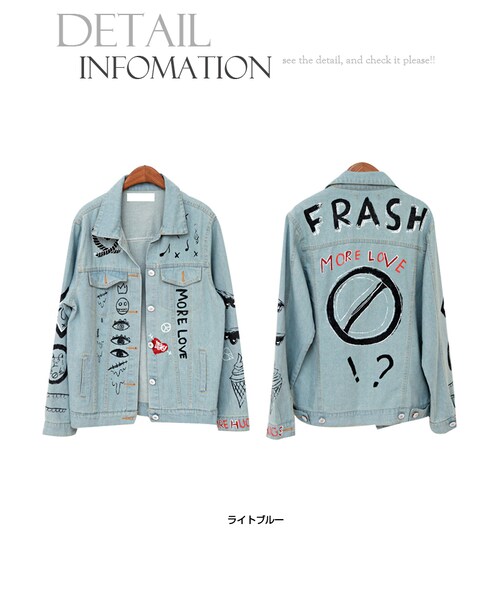 Aco Design（アコデザイン）の「デニムジャケット Gシャン ペイント 大きいサイズ（デニムジャケット・レディース・ライトブルー・肩幅：45　バスト：108　裾幅：50　総丈：71　袖幅：13　袖丈：63）」の6枚目の写真