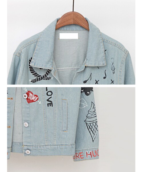 Aco Design（アコデザイン）の「デニムジャケット Gシャン ペイント 大きいサイズ（デニムジャケット・レディース・ライトブルー・肩幅：45　バスト：108　裾幅：50　総丈：71　袖幅：13　袖丈：63）」の7枚目の写真