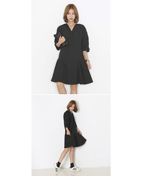 Aco Design（アコデザイン）の「ワンピース 長袖 Vネック/フレアーワンピース コットン（ワンピース・レディース・ブラック・肩幅：58　バスト：101　裾幅：104　総丈：92　袖幅：17　袖丈：31）」の4枚目の写真