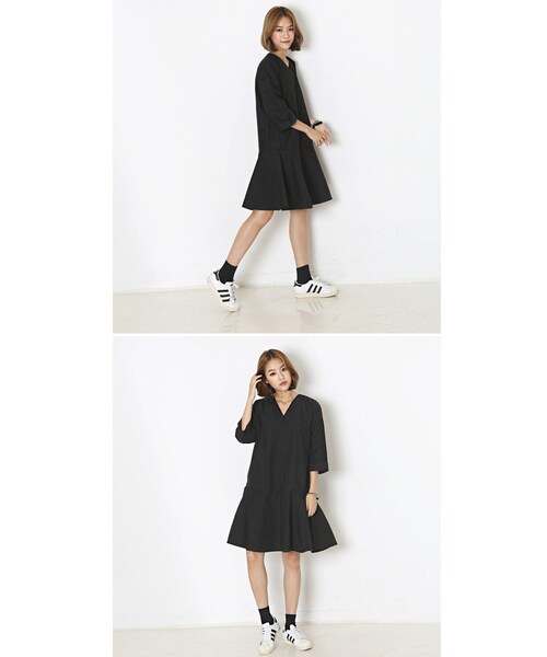 Aco Design（アコデザイン）の「ワンピース 長袖 Vネック/フレアーワンピース コットン（ワンピース・レディース・ブラック・肩幅：58　バスト：101　裾幅：104　総丈：92　袖幅：17　袖丈：31）」の5枚目の写真