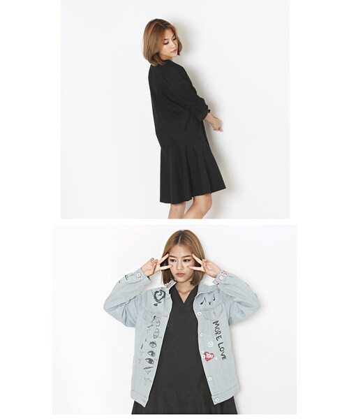 Aco Design（アコデザイン）の「ワンピース 長袖 Vネック/フレアーワンピース コットン（ワンピース・レディース・ブラック・肩幅：58　バスト：101　裾幅：104　総丈：92　袖幅：17　袖丈：31）」の6枚目の写真