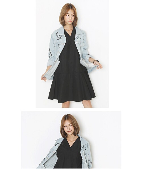 Aco Design（アコデザイン）の「ワンピース 長袖 Vネック/フレアーワンピース コットン（ワンピース・レディース・ブラック・肩幅：58　バスト：101　裾幅：104　総丈：92　袖幅：17　袖丈：31）」の8枚目の写真