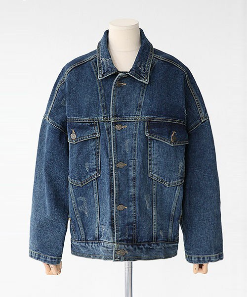 DHOLIC（ディーホリック）の「ダメージオーバーデニムジャケット（デニムジャケット・レディース・ブラック/ブルーデニムA/ブルーデニムB・FREE）」の2枚目の写真