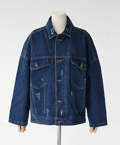 DHOLIC（ディーホリック）の「ダメージオーバーデニムジャケット（デニムジャケット・レディース・ブラック/ブルーデニムA/ブルーデニムB・FREE）」の3枚目の写真