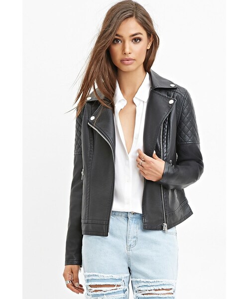 FOREVER 21(フォーエバー トゥエンティーワン)の「FOREVER 21 Quilted Faux Leather Jacket(ライダースジャケット・レディース・Black/Purple/Brown・Small/Medium/Large)」の1枚目の写真