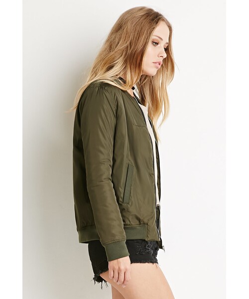FOREVER 21（フォーエバー トゥエンティーワン）の「ジッパーボンバージャケット（ジャケット/アウター・レディース・BLACK/OLIVE・Small/Medium/Large）」の8枚目の写真