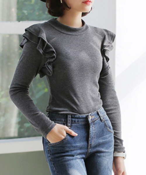 DHOLIC（ディーホリック）の「ベルフリルショルダーラウンドネックトップス（Tシャツ/カットソー・レディース・ネイビー/ブラック/グレー/ホワイト・FREE）」の4枚目の写真