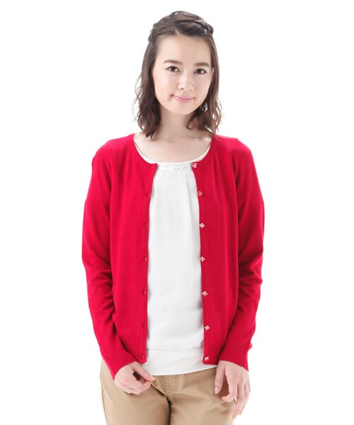 Honeys（ハニーズ）の「変わり釦クルーカーデ（カーディガン・レディース・アイボリー/クロ/コン/アカ/イエロー/グリーン/ブルー/杢グレー・Ｆ）」の8枚目の写真