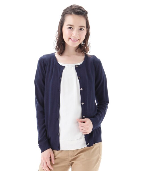 Honeys（ハニーズ）の「変わり釦クルーカーデ（カーディガン・レディース・アイボリー/クロ/コン/アカ/イエロー/グリーン/ブルー/杢グレー・Ｆ）」の5枚目の写真