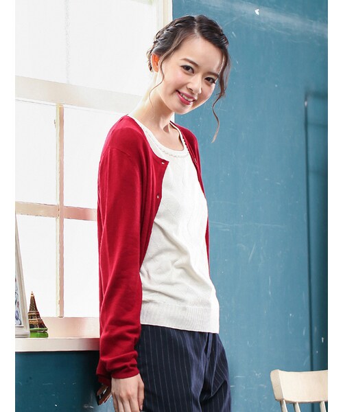 Honeys（ハニーズ）の「クルーカーデ（カーディガン・レディース・クロ/コン/アカ/イエロー/カーキ/杢グレー/ブルー・Ｆ）」の7枚目の写真