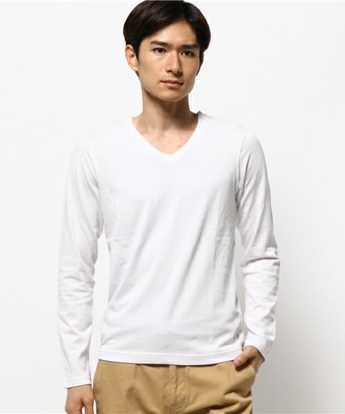 glory crew（グローリークルー）の「スーピマコットンVネックロングTシャツ（Tシャツ/カットソー・メンズ・ホワイト/ブラック/チャコールグレー/カーキ/ブルー/ネイビー/ボルドー・MEDIUM/SMALL/LARGE/LL）」の2枚目の写真