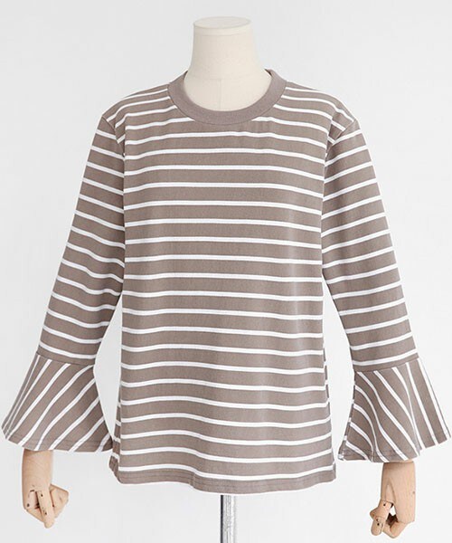 DHOLIC（ディーホリック）の「ベルスリーブボーダートップス（Tシャツ/カットソー・レディース・グレー/サーモンピンク/ダークベージュ/マスタード・FREE）」の2枚目の写真