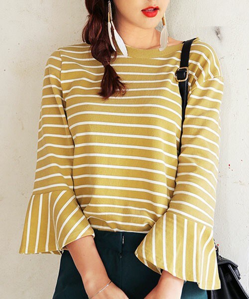 DHOLIC（ディーホリック）の「ベルスリーブボーダートップス（Tシャツ/カットソー・レディース・グレー/サーモンピンク/ダークベージュ/マスタード・FREE）」の3枚目の写真