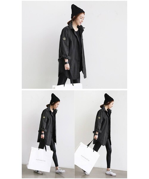 Aco Design（アコデザイン）の「ミリタリージャケット/モッズコート レディース 薄手/ワッペン ジャケット/ミリタリー コート/ロング丈 ミリタリー（モッズコート・レディース・ダークグレー・フリーサイズ　肩幅:52　バスト:110　袖丈:51　袖周り:40　総丈:80）」の10枚目の写真