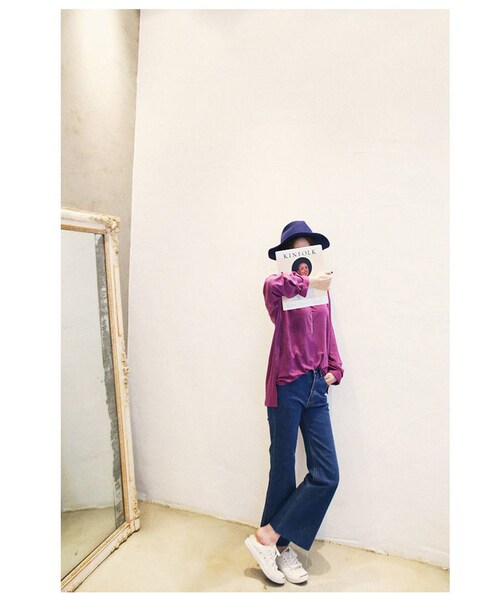 Aco Design（アコデザイン）の「ジーパン ロング ベルボトム/切りっぱなし デニム ロング パンツ/ブルーデニム 美脚/ブーツカット ジーパン レディース/ストレート パンタロン ジーパン（デニムパンツ・レディース・ウォッシュブルー・S/M/L　ウエスト:66/70/74　ヒップ:82/85/88　股上:24/25/26　太もも:44/46/48　裾幅:40/41/42　総丈:96/97/98）」の4枚目の写真