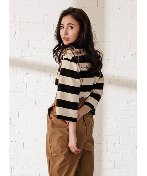 gracegift（グレースギフト）の「韓國簡單生活棉質橫條紋寬版上衣（トップス・レディース・綠/黑・F）」の18枚目の写真