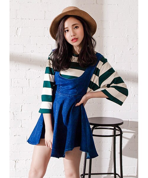 gracegift（グレースギフト）の「韓國簡單生活棉質橫條紋寬版上衣（トップス・レディース・綠/黑・F）」の4枚目の写真