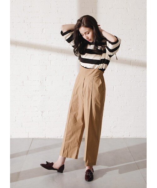 gracegift（グレースギフト）の「韓國簡單生活棉質橫條紋寬版上衣（トップス・レディース・綠/黑・F）」の10枚目の写真