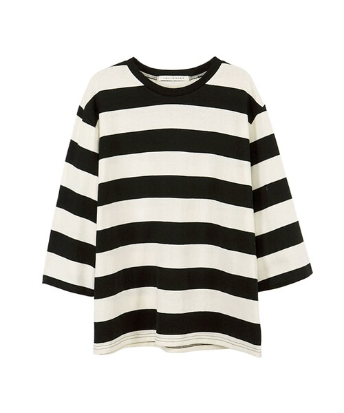 gracegift（グレースギフト）の「韓國簡單生活棉質橫條紋寬版上衣（トップス・レディース・綠/黑・F）」の11枚目の写真