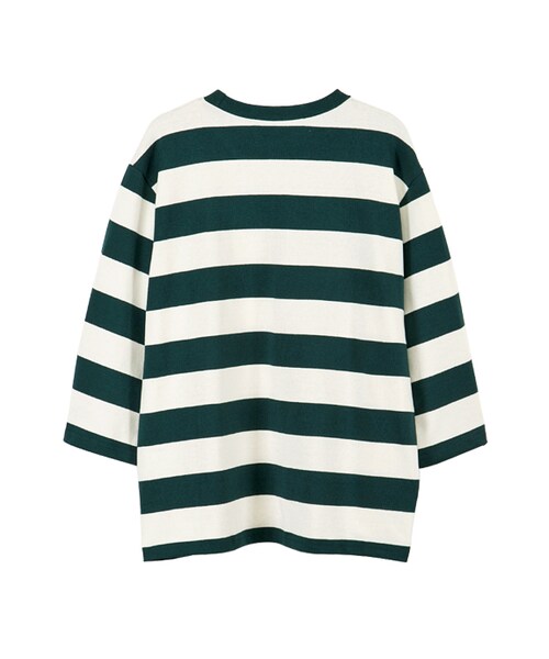 gracegift（グレースギフト）の「韓國簡單生活棉質橫條紋寬版上衣（トップス・レディース・綠/黑・F）」の2枚目の写真