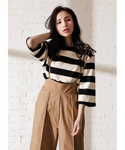 gracegift（グレースギフト）の「韓國簡單生活棉質橫條紋寬版上衣（トップス・レディース・綠/黑・F）」の17枚目の写真