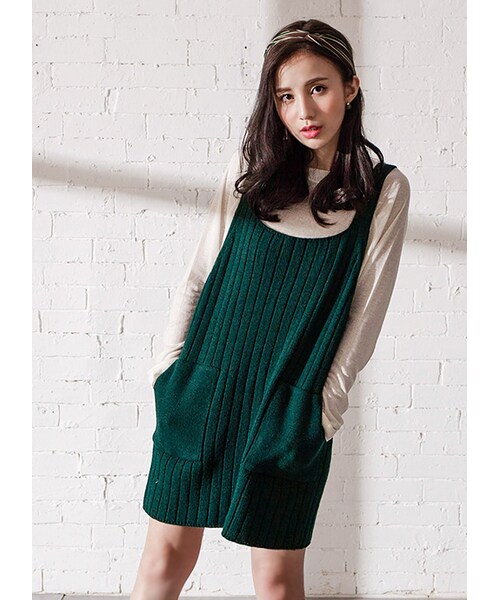 gracegift（グレースギフト）の「韓國清新學院直條針織背心洋裝（その他・レディース・綠/灰・F）」の4枚目の写真