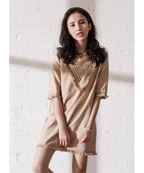 gracegift(グレースギフト)の「韓國森林系流蘇編織V領洋裝(その他・レディース・卡其・F)」の5枚目の写真