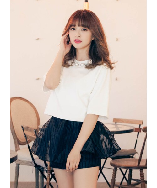 gracegift（グレースギフト）の「甜美午後珍珠寶石短版針織上衣（その他・レディース・白/條紋・F）」の4枚目の写真