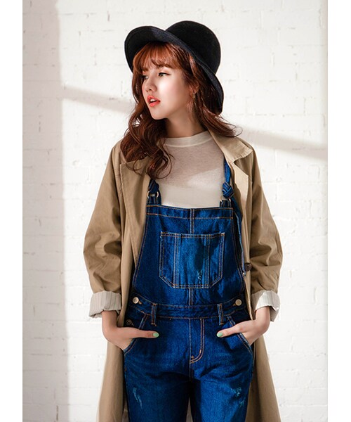 gracegift（グレースギフト）の「韓國俐落長版條紋反摺袖風衣外套（ジャケット/アウター・レディース・藍/杏・F）」の7枚目の写真