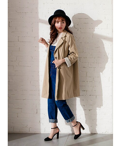 gracegift（グレースギフト）の「韓國俐落長版條紋反摺袖風衣外套（ジャケット/アウター・レディース・藍/杏・F）」の10枚目の写真