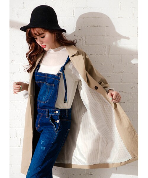 gracegift（グレースギフト）の「韓國俐落長版條紋反摺袖風衣外套（ジャケット/アウター・レディース・藍/杏・F）」の8枚目の写真