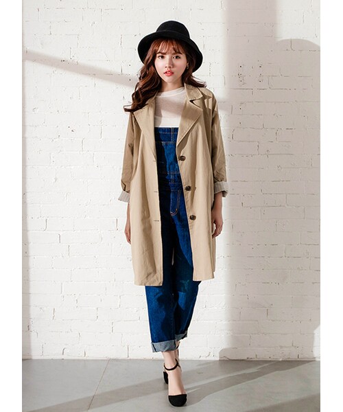 gracegift（グレースギフト）の「韓國俐落長版條紋反摺袖風衣外套（ジャケット/アウター・レディース・藍/杏・F）」の9枚目の写真