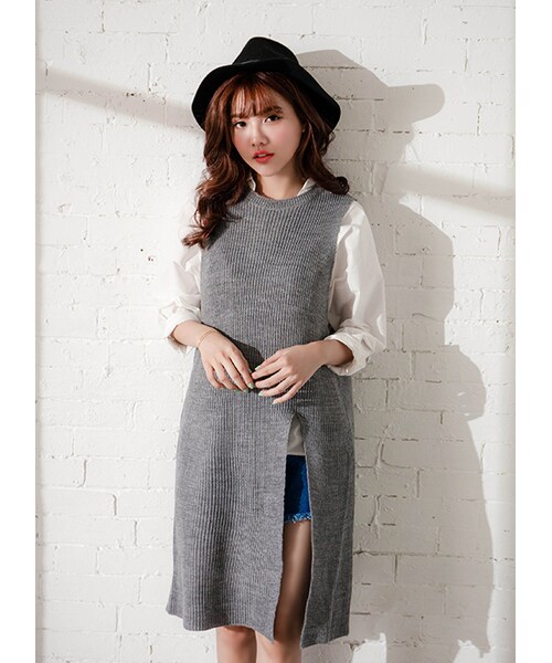 gracegift（グレースギフト）の「韓國隨興慵懶側開岔長版針織背心（トップス・レディース・杏/灰・F）」の11枚目の写真
