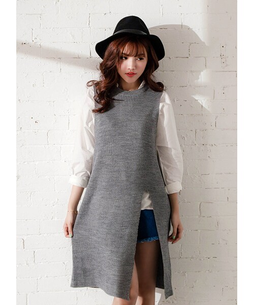 gracegift（グレースギフト）の「韓國隨興慵懶側開岔長版針織背心（トップス・レディース・杏/灰・F）」の10枚目の写真