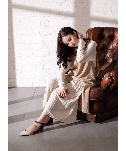 gracegift（グレースギフト）の「韓國隨興慵懶側開岔長版針織背心（トップス・レディース・杏/灰・F）」の6枚目の写真