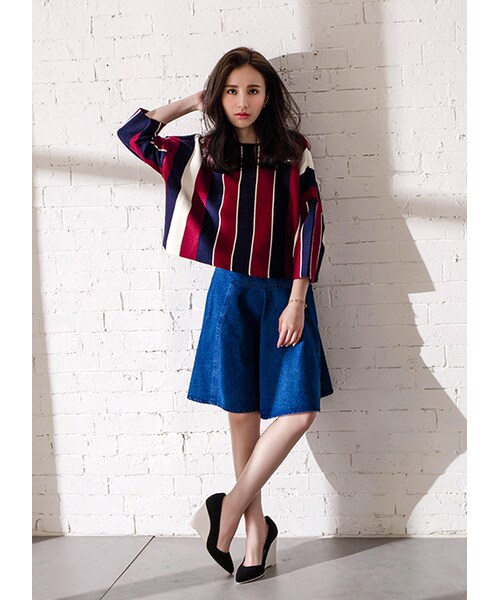 gracegift（グレースギフト）の「韓國復古柔美高腰傘擺牛仔及膝裙（スカート・レディース・藍・S/M）」の6枚目の写真