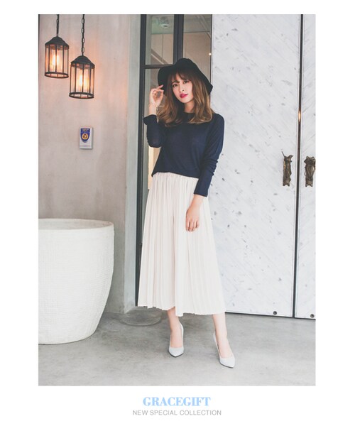 gracegift（グレースギフト）の「韓國浪漫柔美飄逸雪紡百摺寬褲（パンツ・レディース・杏・F）」の9枚目の写真