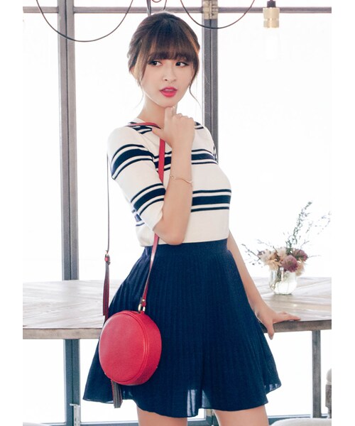 gracegift（グレースギフト）の「韓國初秋甜美雪紡百褶短裙（スカート・レディース・深藍/黑・F）」の12枚目の写真