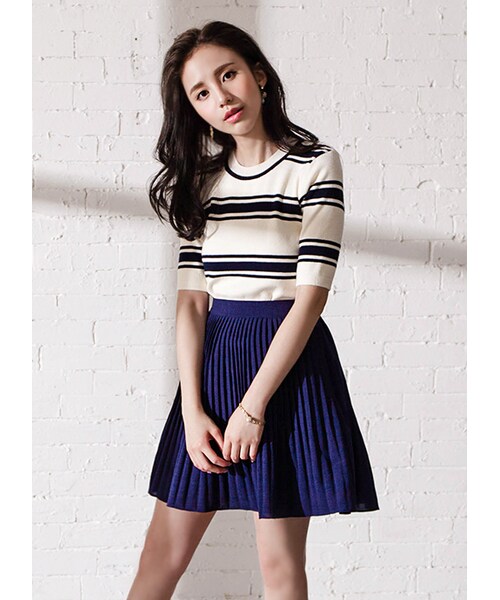 gracegift（グレースギフト）の「韓國初秋甜美雪紡百褶短裙（スカート・レディース・深藍/黑・F）」の5枚目の写真
