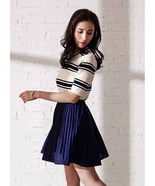 gracegift（グレースギフト）の「韓國初秋甜美雪紡百褶短裙（スカート・レディース・深藍/黑・F）」の6枚目の写真