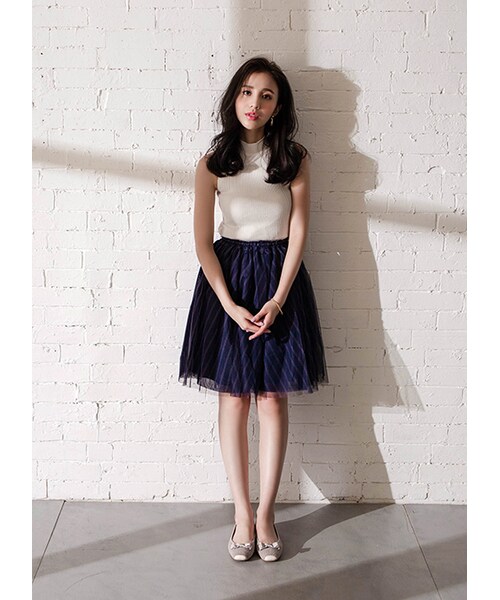gracegift（グレースギフト）の「芭蕾女伶條紋澎澎及膝紗裙（スカート・レディース・灰/深藍/杏・F）」の13枚目の写真