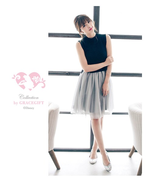 gracegift（グレースギフト）の「芭蕾女伶條紋澎澎及膝紗裙（スカート・レディース・灰/深藍/杏・F）」の6枚目の写真