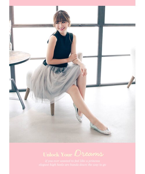 gracegift（グレースギフト）の「芭蕾女伶條紋澎澎及膝紗裙（スカート・レディース・灰/深藍/杏・F）」の5枚目の写真