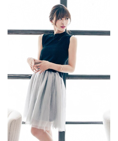 gracegift（グレースギフト）の「芭蕾女伶條紋澎澎及膝紗裙（スカート・レディース・灰/深藍/杏・F）」の3枚目の写真