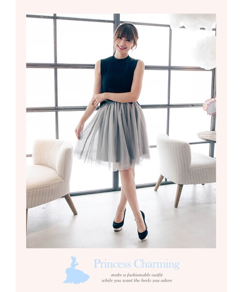 gracegift（グレースギフト）の「芭蕾女伶條紋澎澎及膝紗裙（スカート・レディース・灰/深藍/杏・F）」の7枚目の写真