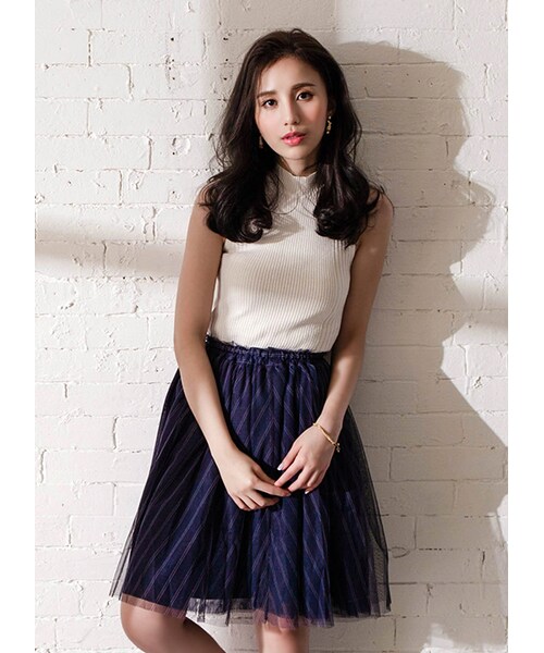 gracegift（グレースギフト）の「芭蕾女伶條紋澎澎及膝紗裙（スカート・レディース・灰/深藍/杏・F）」の10枚目の写真